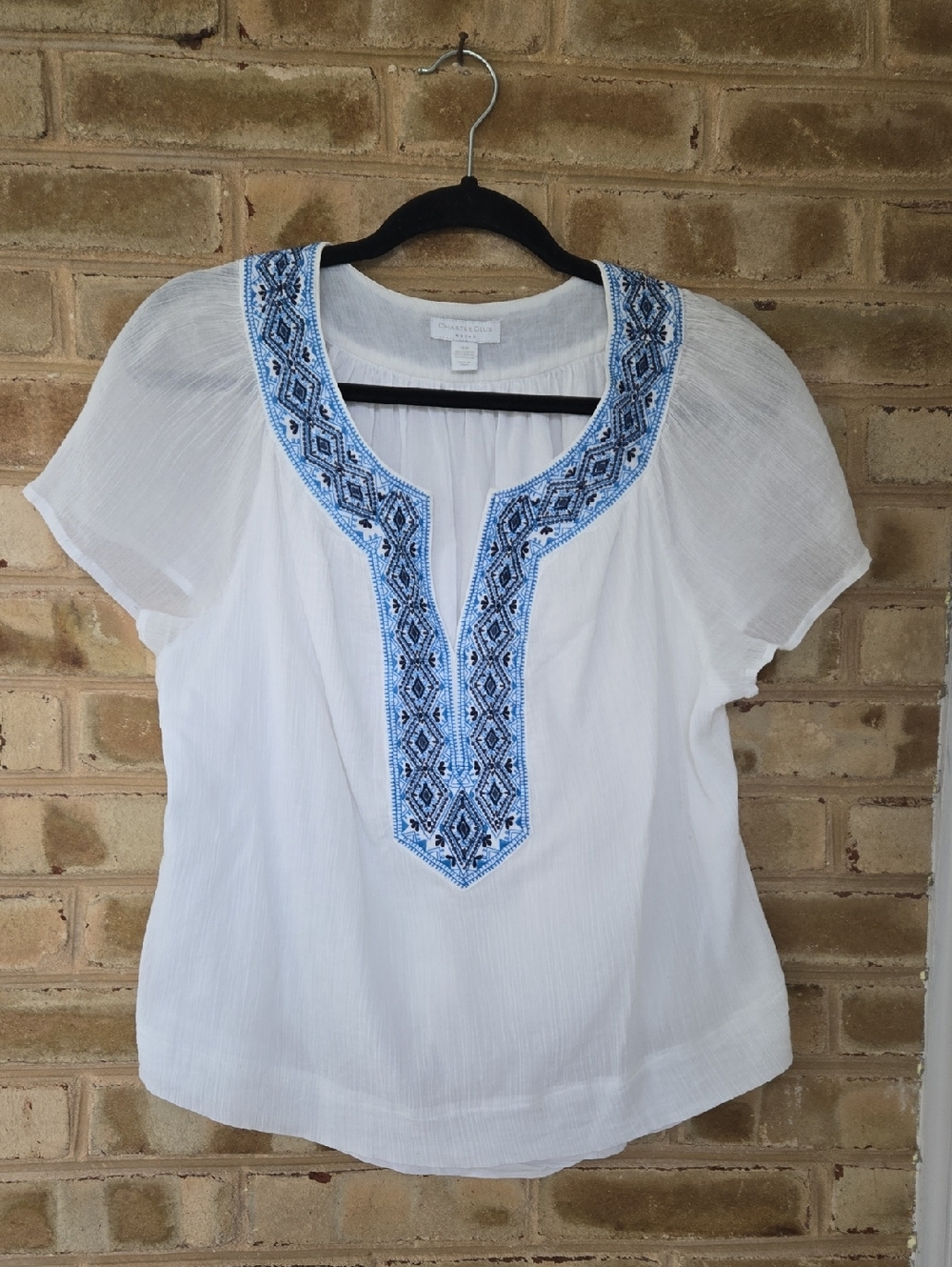 Charter Club White Tunic with Blue Embroidered Yoke - Picture 2 of 8